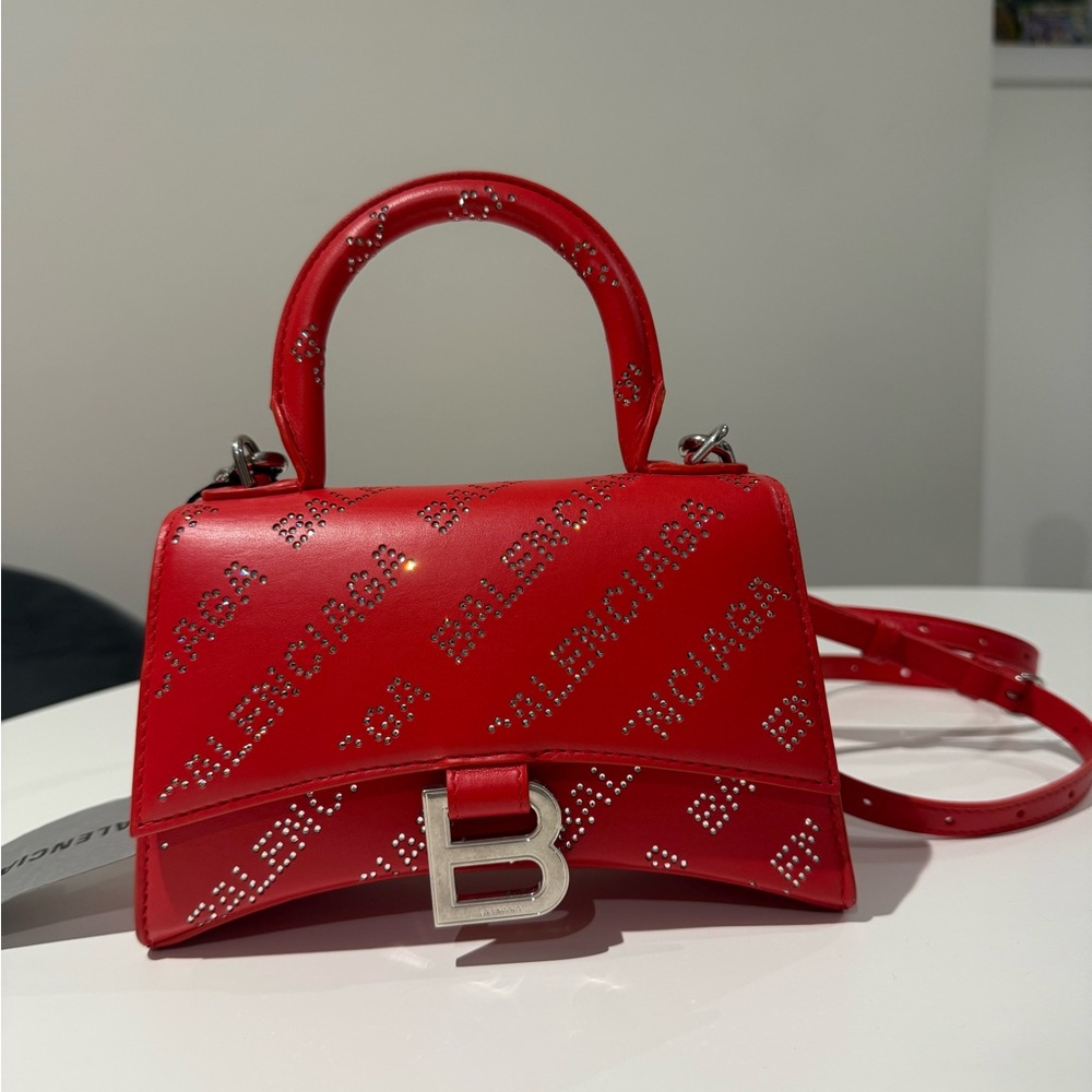 Balenciaga hourglass top handle XS Bag in Vibrant Red with Silver Accents